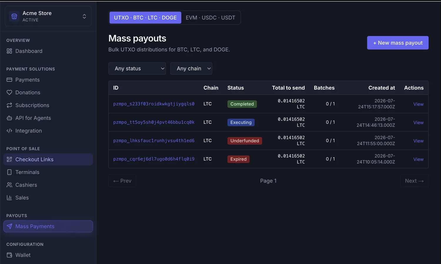 Payzum crypto mass payouts list showing UTXO and EVM tabs, order IDs, chain, status, total to send and batch progress