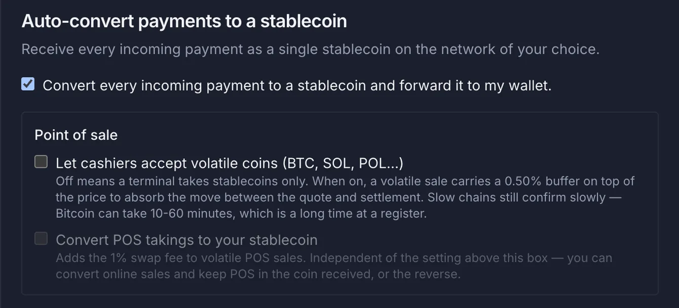Payzum stablecoin settings for point of sale: a toggle to let cashiers accept volatile coins and a toggle to convert POS takings to a stablecoin