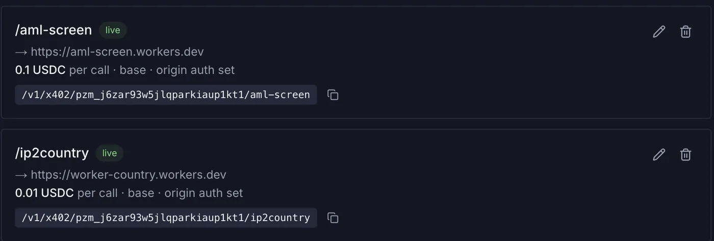Two live x402 endpoints in Payzum with their per-call USDC price, network, origin auth status and the public x402 URL agents call